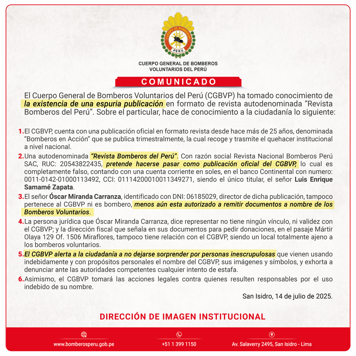 Informamos sobre la existencia de una publicación espuria en formato de revista denominada "𝐑𝐞𝐯𝐢𝐬𝐭𝐚 𝐁𝐨𝐦𝐛𝐞𝐫𝐨𝐬 𝐝𝐞𝐥 𝐏𝐞𝐫ú", que pretende hacerse pasar por oficial.  
El CGBVP reafirma su compromiso de tomar acciones legales contra el uso indebido de su nombre.