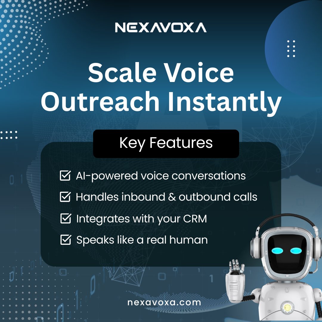 nexavoxa's tweet photo. Scale Voice Outreach Instantly with Nexa Voxa!
No more missed calls or robotic responses.

📞 Discover the future of telephony: https://t.co/mKx7g0Srdu
#AI #VoiceTech #Automation #NexaVoxa #ConversationalAI #CRM #CustomerSupport https://t.co/bqyFQmQ0ol