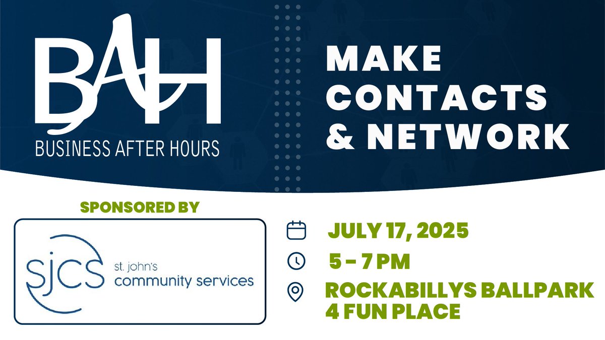 Is Business After Hours on your calendar for this Thursday?

Join us July 17 with one of our largest networking events! This month is sponsored by St. John's Community Services and will be hosted at the Jackson Rockabillys Stadium.

🎆 Make contacts🎆 Network🎆 Free to attend
