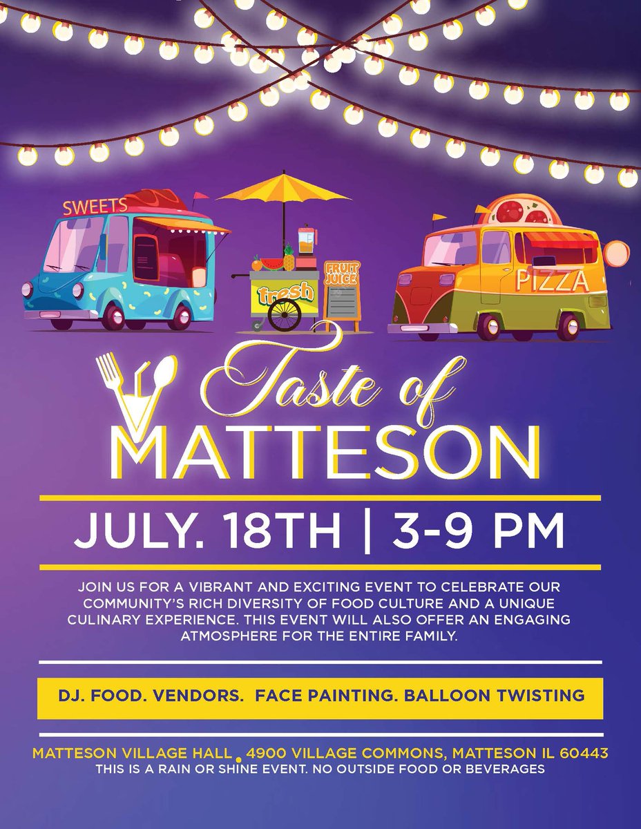 STOP BY MY BOOTH ON FRIDAY! The Illinois Black History Museum will be at the Taste of Matteson! Stop by and check out an AMAZING exhibit! Enjoy a variety of delicious bites from local restaurants and food vendors, music, entertainment, family activities. Admission is FREE!