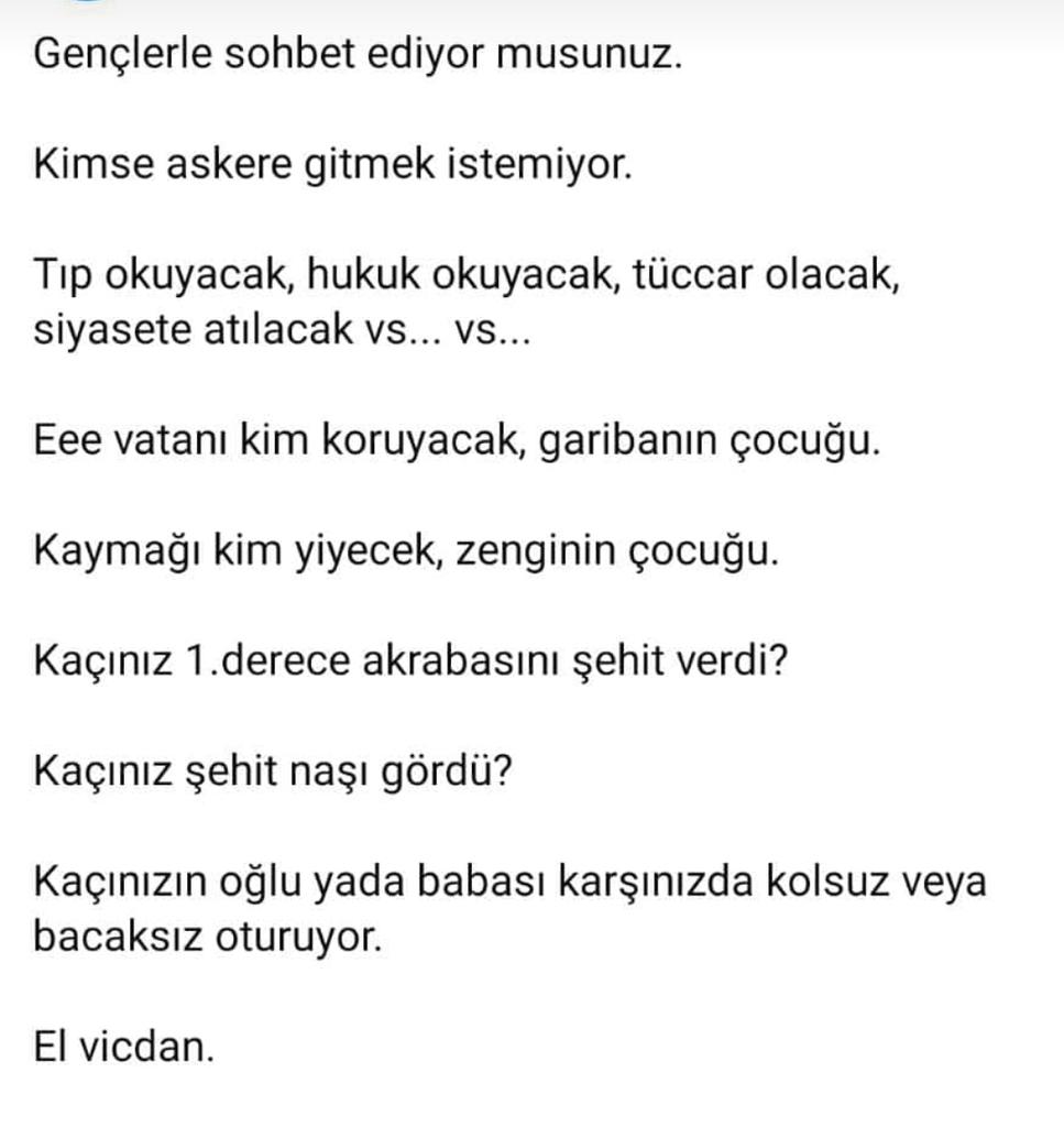 Sahi, bir füzeyi önlemeye koşan bir el bombasının üzerine atlayan ama bir evin kirasını ödeyemeyen askerin feryadını duymak için daha ne olması gerekiyor?

Onlar, ülkenin bayrağı ve sancağı için şehadet yolunda kol kola yürüyen kahramanlar değil mi?  

7 Düvelde Yüce