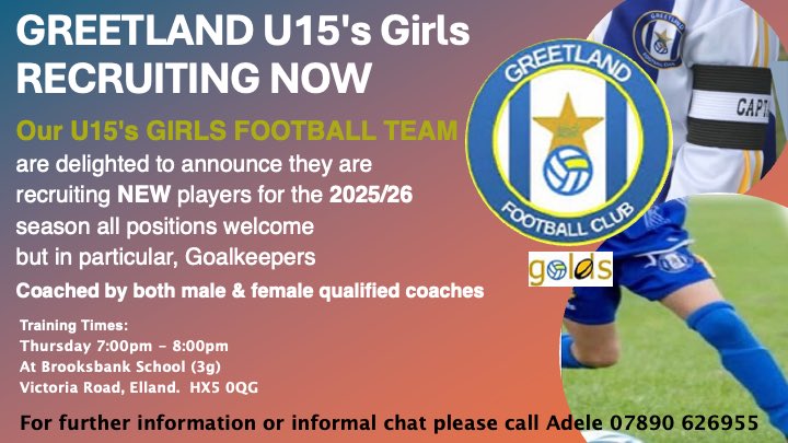 Calderdale School Sports Partnership (@calderdalessp) on Twitter photo Greetland U15 Girls are now recruiting for the 2025/26 season, all positions and abilities welcome, especially Goalkeepers. Friendly team with both Male & Female qualified coaches. <a href="/GreetlandFC/">Greetland FC</a> <a href="/WestRidingFA/">West Riding FA</a> <a href="/CalderdaleSN/">Calderdale Sports Network</a> Greetland U15 Girls are now recruiting for the 2025/26 season, all positions and abilities welcome, especially Goalkeepers. Friendly team with both Male & Female qualified coaches. <a href="/GreetlandFC/">Greetland FC</a> <a href="/WestRidingFA/">West Riding FA</a> <a href="/CalderdaleSN/">Calderdale Sports Network</a>