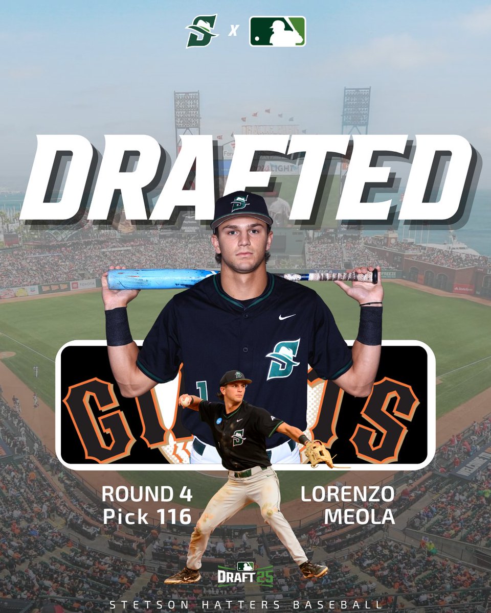 StetsonBaseball's tweet image. Stetson โก๏ธ The Show
Congratulations Lorenzo on being selected 116th overall by the @SFGiants in the 2025 MLB Draft!
#GoHatters | @StetsonHatters | #HattersinthePros