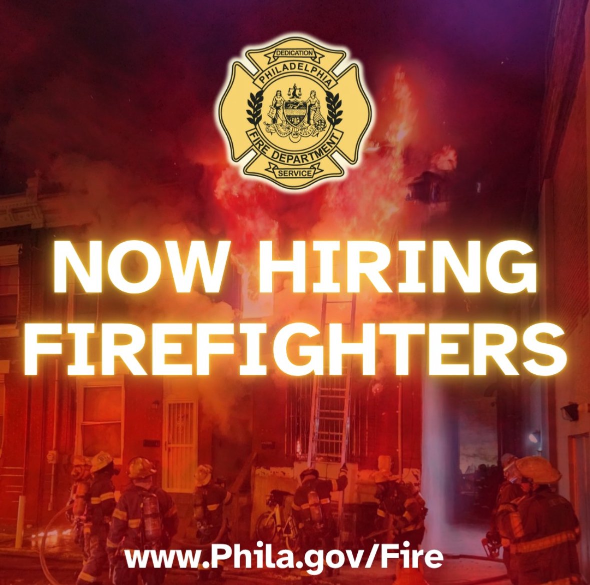 Philly Fire Dept is hiring!🔥

Start your path to a rewarding career in public service. Great pay, full benefits, and the chance to save lives.

Apply today ➡️ bit.ly/CivilServiceCa…

#PhillyJobs #Firefighter #NowHiring