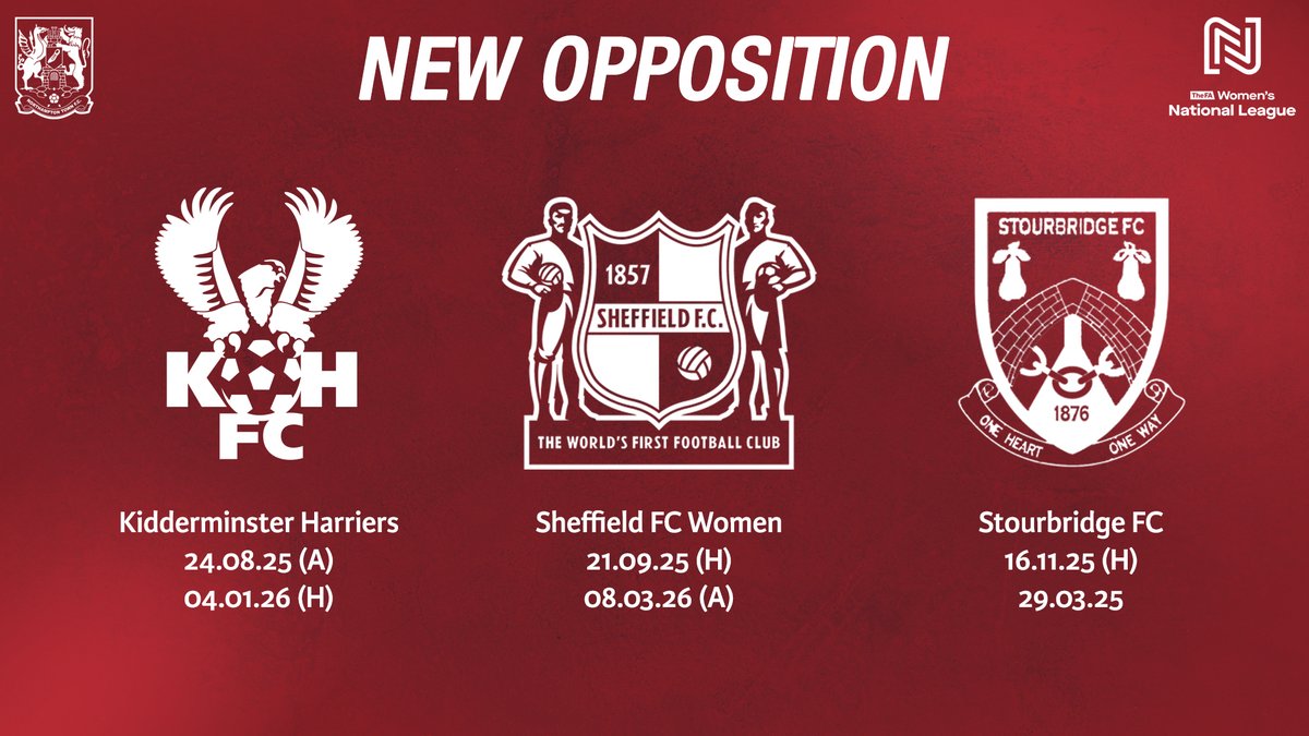 Northampton Town Women (@ntfcwomen) on Twitter photo π There are three new teams in the <a href="/FAWNL/">FA Women's National League</a> Division One Midlands.
Take a look at when we're scheduled to face Kidderminster Harriers, Sheffield FC Women and Stourbridge FC! β¬οΈ
#ShoeArmy π π There are three new teams in the <a href="/FAWNL/">FA Women's National League</a> Division One Midlands.
Take a look at when we're scheduled to face Kidderminster Harriers, Sheffield FC Women and Stourbridge FC! β¬οΈ
#ShoeArmy π