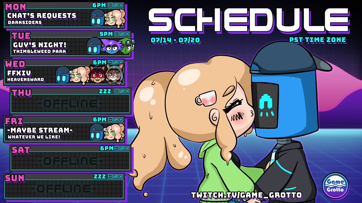 Game Grotto 🤖💜☕️ Video Game Devs & Vtubers (@game_grotto) on Twitter photo This week in the Game Grotto
Join us MON, TUE, WED, & FRI
The boys Don <a href="/BlueStar_Ubu/">Ubu!</a> & <a href="/SurDerpy/">Derpy 🌩</a> are back with GUYS NIGHT and Thimbleweed Park
FFXIV Fan Dub continues Wednesday with <a href="/ArmorOfFaith91/">ArmorOfFaith (Redebut in progress...)</a> and <a href="/Cranberri_Inari/">CranCran 🦊 🍒🩵 || VTUBER ARTIST & RIGGER</a>
And more from the robot and slime! See you in the chat! This week in the Game Grotto
Join us MON, TUE, WED, & FRI
The boys Don <a href="/BlueStar_Ubu/">Ubu!</a> & <a href="/SurDerpy/">Derpy 🌩</a> are back with GUYS NIGHT and Thimbleweed Park
FFXIV Fan Dub continues Wednesday with <a href="/ArmorOfFaith91/">ArmorOfFaith (Redebut in progress...)</a> and <a href="/Cranberri_Inari/">CranCran 🦊 🍒🩵 || VTUBER ARTIST & RIGGER</a>
And more from the robot and slime! See you in the chat!