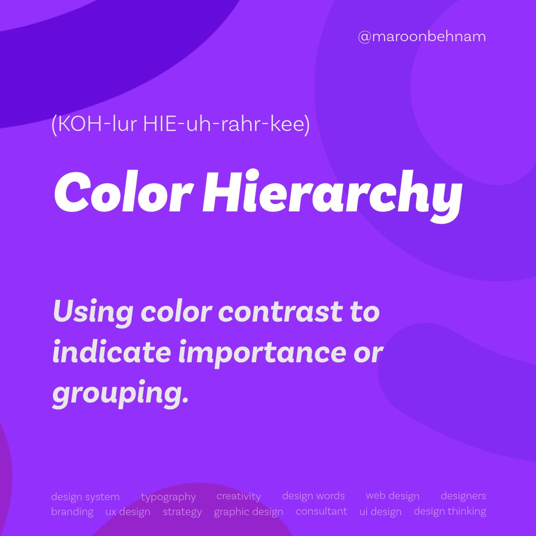 maroonbehnam's tweet image. Color Hierarchy (KOH-lur HIE-uh-rahr-kee)
Using color contrast to indicate importance or grouping. Colors speak in volumes. Use them wisely. 🎨
#ColorHierarchy #PaletteDesign #VisualPriority #BrandColors #UXFocus