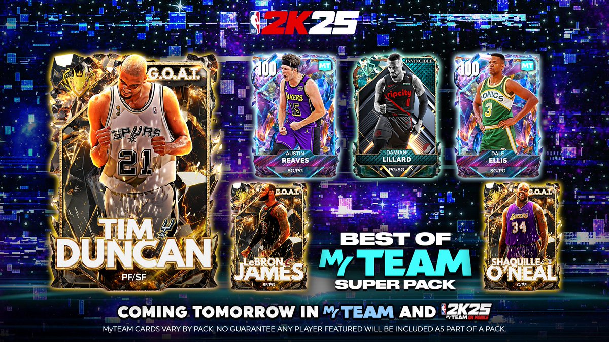 NBA2KMyTEAM's tweet image. Best of MyTEAM Super Packs are back Tomorrow β featuring nothing but certified hoopers π₯
Stack your squad with:
π G.O.A.T. Tim Duncan
π‘οΈ Invincible Damian Lillard
π― 100 OVR Austin Reaves
π― 100 OVR Dale Ellis
β Even more elite π G.O.A.T., π‘οΈ Invincible, and π― OVR cards fromβ¦