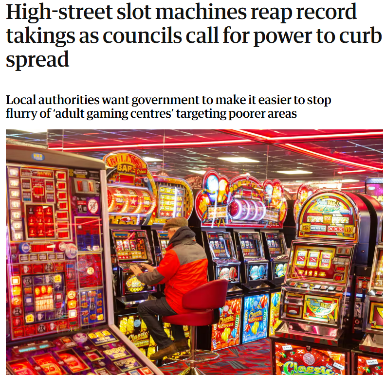 cleanupgambling's tweet image. This must be enough
There are now 74,523 slot machines on UK high streets - an all-time high - sucking more money than ever from communities into the pockets of billionaires
Councils must be given the power to refuse any more of these venues opening.
theguardian.com/society/2025/j…