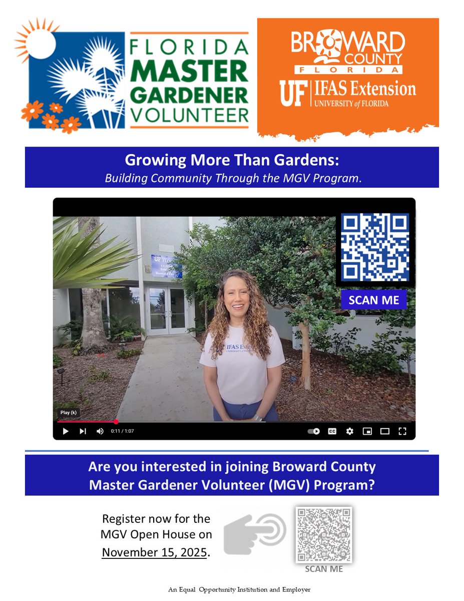 🌱 “Gardening isn’t just about plants—it’s about building community. ” — Catalina, MGV Class of 2025
🎥 Watch her story: youtu.be/wdY2T_v9t-A
🌻 Ready to grow your impact? Apply for Broward County’s Master Gardener Volunteer Program:
 tinyurl.com/52zrtdzn
#MasterGardener