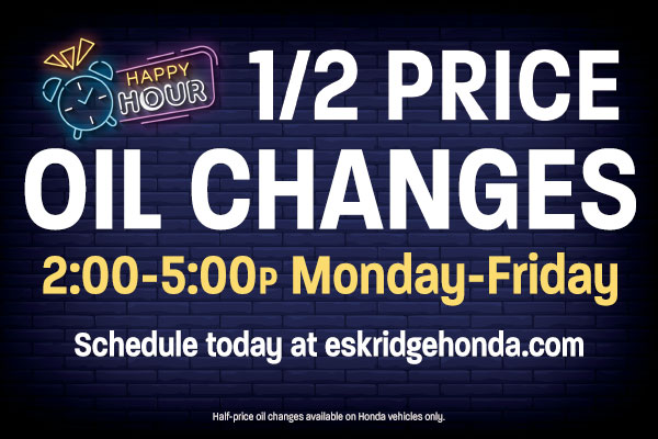 Half-Price Oil Changes — Weekday Afternoons Only!

Monday–Friday | 2:00–5:00 PM
Get 50% off your oil change

Swing by after work or during your afternoon break and let our certified techs keep your vehicle running smoothly.

📷 Book online at EskridgeHonda.com/service!