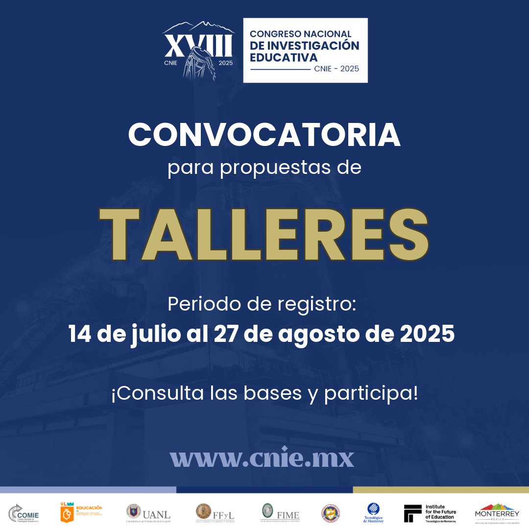 #RumboAMonterrey | 📢 ¡Ya está disponible la convocatoria para talleres del #XVIIICNIE! Consulta las bases y postula tu propuesta de taller.

📅 Fecha límite: 27 de agosto de 2025
🔗 comie.org.mx/multimedia/tex…

#CNIE2025 #COMIE #TalleresCNIE #Educación #InvestigaciónEducativa