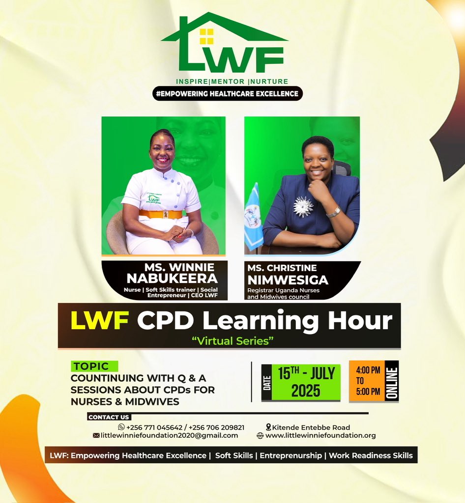 LittleWinnieFo2's tweet image. Dear Stakeholder,Join the LWF CPD Learning hour
#Virtual Series
Topic :Continuing Q&A session about CPDs for Nurses&Midwives
Date:15/07/25
Time :4:00pm -5:00pm
Guest:Registrar @UNMC_Ug
Link :zoom.us/j/98868710741?…
Meeting ID:98868710741
Passcode:604338