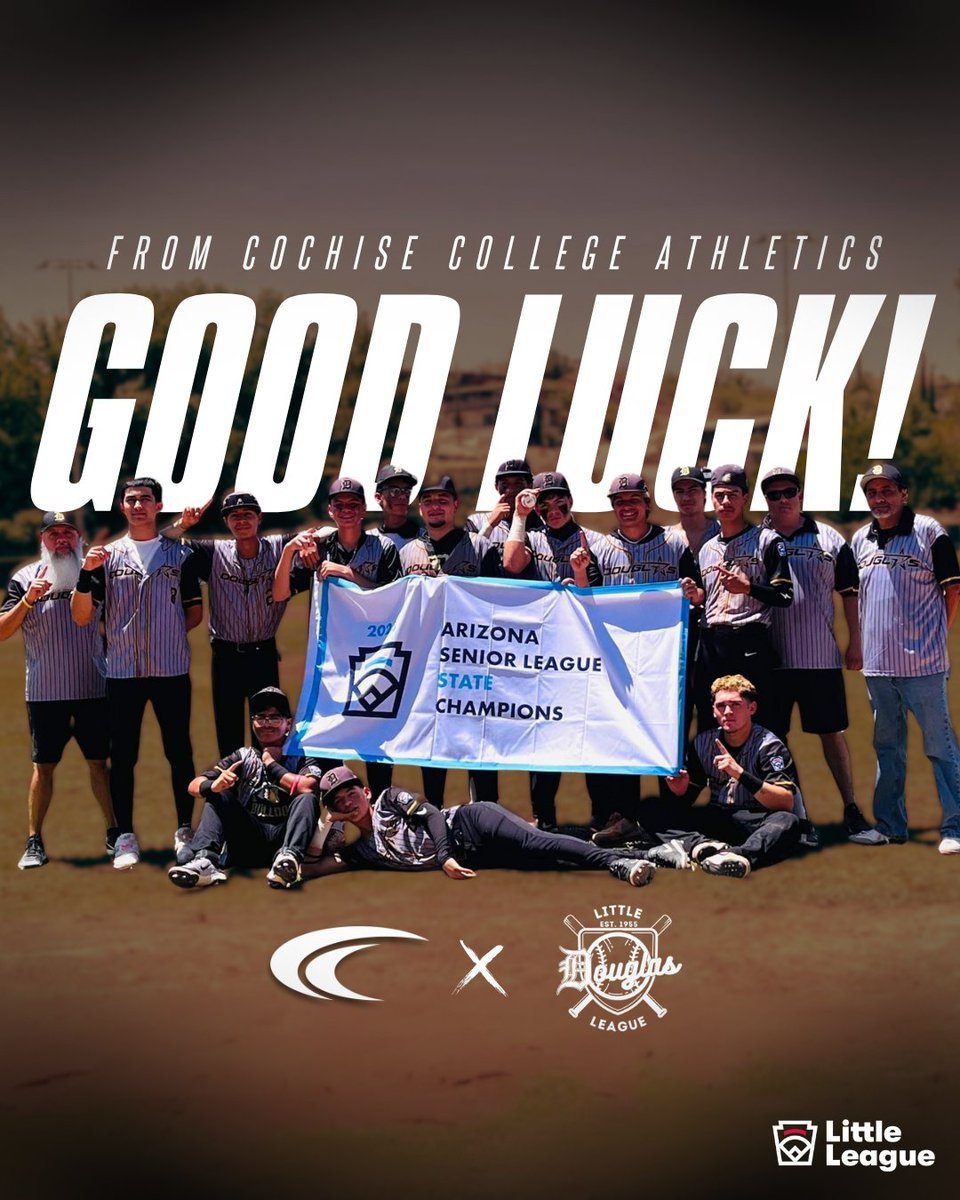 Cochise College Athletics (@ccathletics1) on Twitter photo ๐๐๐๐ ๐๐๐๐ ๐๐๐๐๐๐๐ ๐๐๐๐๐๐ ๐๐๐๐๐๐!
Cochise College Athletics wishes the best of luck to local Douglas Little League 15-16 year old All-Star baseball team, as they head to Oakland, CA, for the 2025 Little League West Region tournament
Good Luck, Douglas! ๐๐๐๐ ๐๐๐๐ ๐๐๐๐๐๐๐ ๐๐๐๐๐๐ ๐๐๐๐๐๐!
Cochise College Athletics wishes the best of luck to local Douglas Little League 15-16 year old All-Star baseball team, as they head to Oakland, CA, for the 2025 Little League West Region tournament
Good Luck, Douglas!