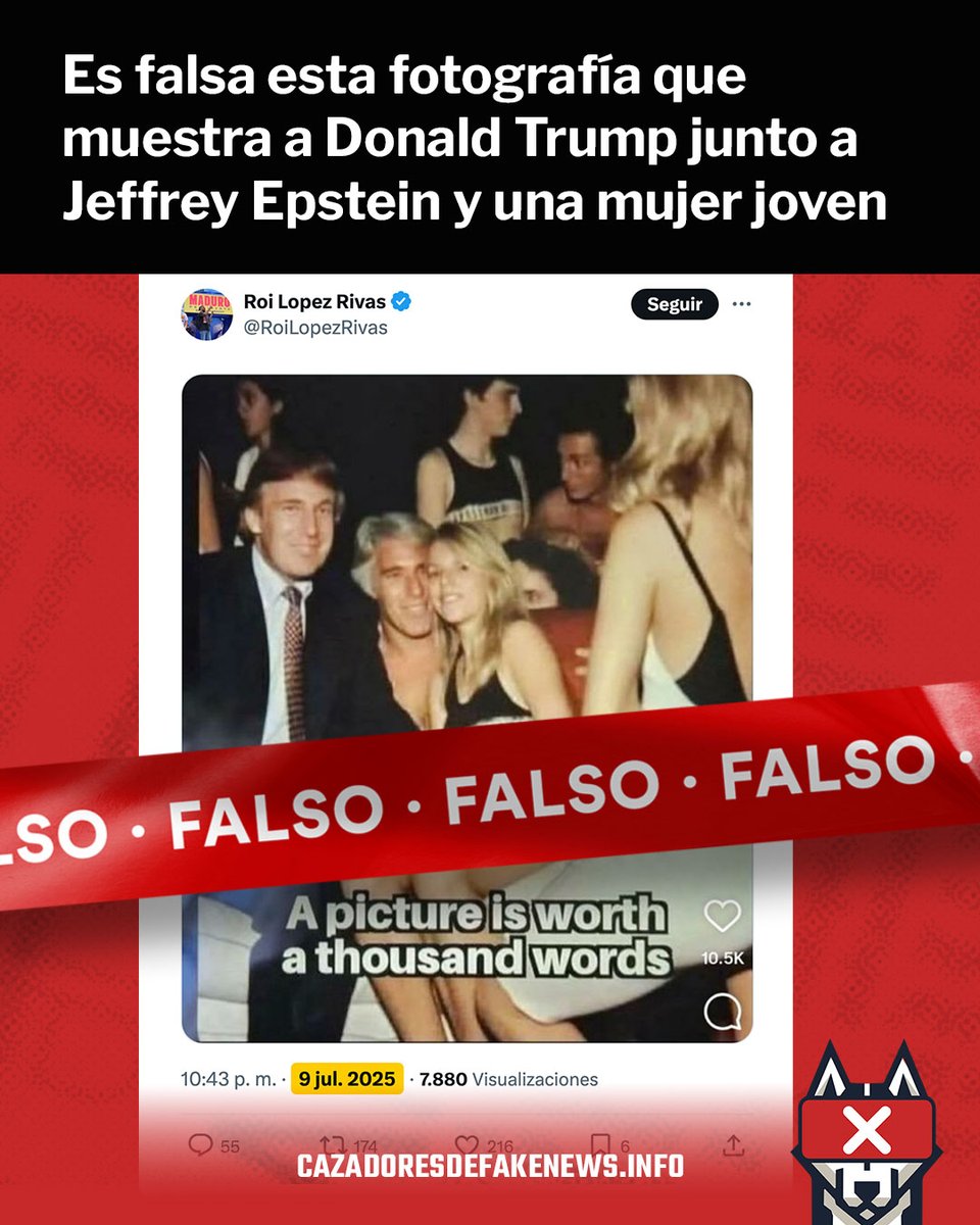 Es falsa esta fotografía que muestra a Donald Trump junto a Jeffrey Epstein y una mujer joven 

La imagen fue creada con Inteligencia Artificial y difundida durante la campaña presidencial de Donald Trump con el objetivo de dañar la imagen pública del republicano. Varios