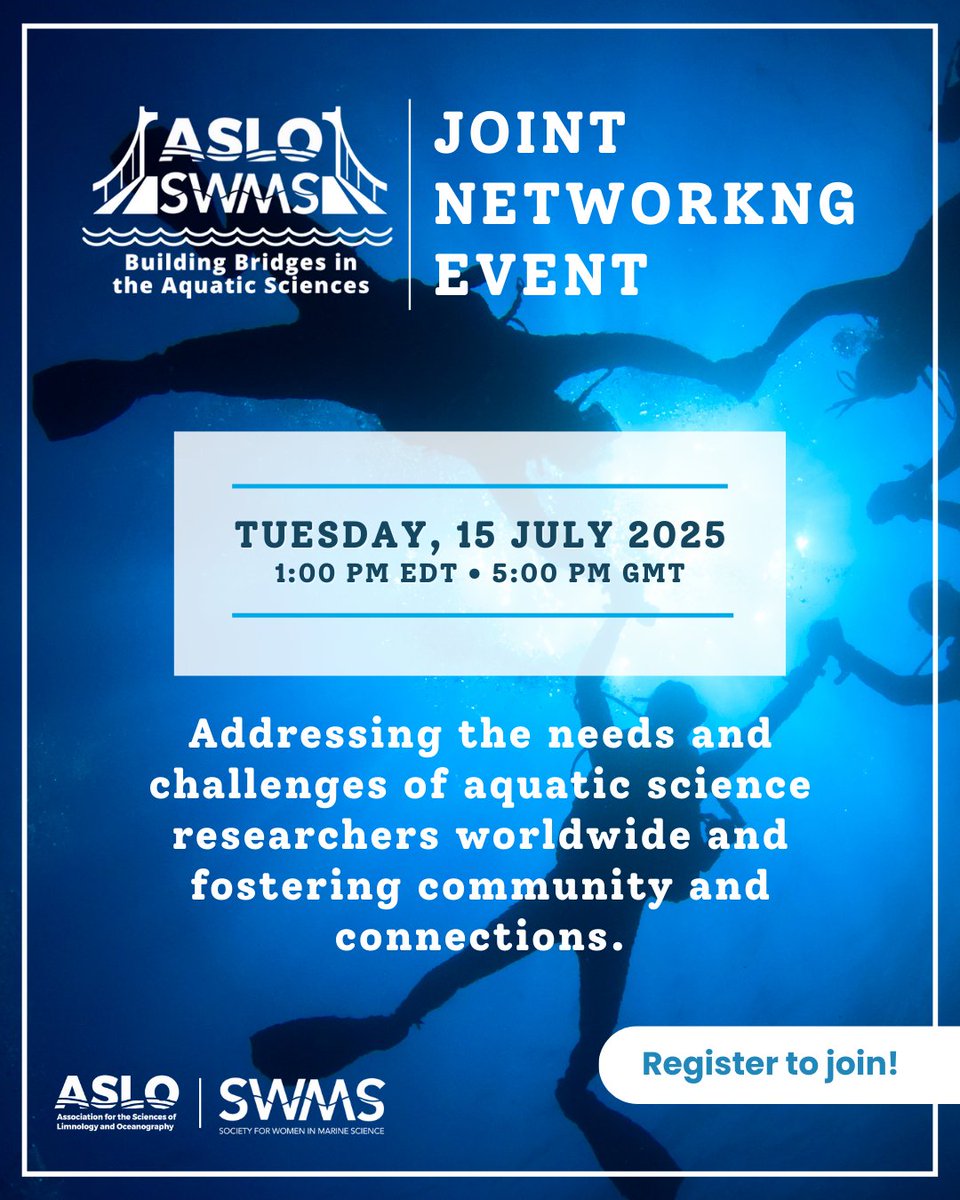 aslo_org's tweet image. Tomorrow, 15 July at 1 pm EDT, ASLO and the Society for Women in Marine Science (@SWMStweets) will host a joint networking event to discuss career development opportunities with the societies and build connections across the #aquaticsciences. Register to join:…