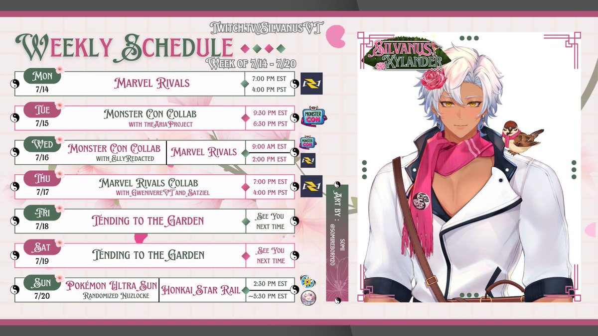 💚Silvanus Xylander| 2.0 Prep |Demigod TreeTuber🌸 (@silvaxylander) on Twitter photo Hello, sprigs and saplings!🌺
My work schedule moved up to almost normal people hours, so we should be able to stream more often!
As such, we have this week's schedule, and some collabs planned. Make sure to check out <a href="/theariaproject/">aria 🤖🪽 ˚₊· ➳❥【 INSOLIUM 】</a>, <a href="/EllyRedacted/">Elly Redacted 💛💉【inDEEZ】| Mad Cow Doctor</a>, <a href="/GwenivereVT/">Gwen | Elven Vampire VTuber 🩸⛓️🖤</a>, and <a href="/satziel/">✶ satz ✶</a>! Hello, sprigs and saplings!🌺
My work schedule moved up to almost normal people hours, so we should be able to stream more often!
As such, we have this week's schedule, and some collabs planned. Make sure to check out <a href="/theariaproject/">aria 🤖🪽 ˚₊· ➳❥【 INSOLIUM 】</a>, <a href="/EllyRedacted/">Elly Redacted 💛💉【inDEEZ】| Mad Cow Doctor</a>, <a href="/GwenivereVT/">Gwen | Elven Vampire VTuber 🩸⛓️🖤</a>, and <a href="/satziel/">✶ satz ✶</a>!