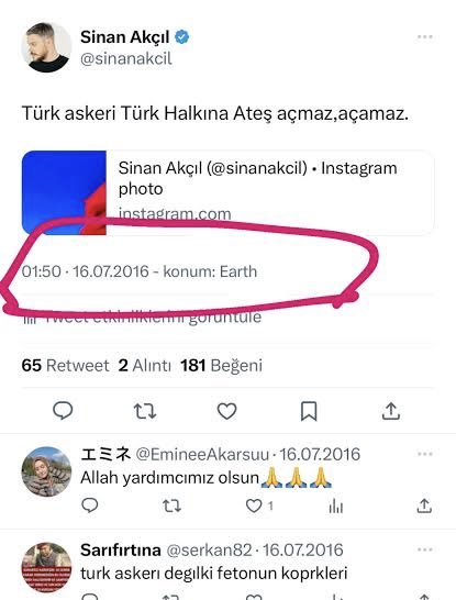 15 temmuzu 16 ya bağlayan gece 01.50 de attığım ilk twit,kafasını kuma gömüp 2,3 gün bekleyenler(bizim camiadan da çok vardı) sizleri de unutmadık...Zaten sonrasında da sokağa cıktık Tarabya Huber köşkü ne doğru..Allah ülkemizi böyle hainliklerden korusun dilerim,bir daha böyle