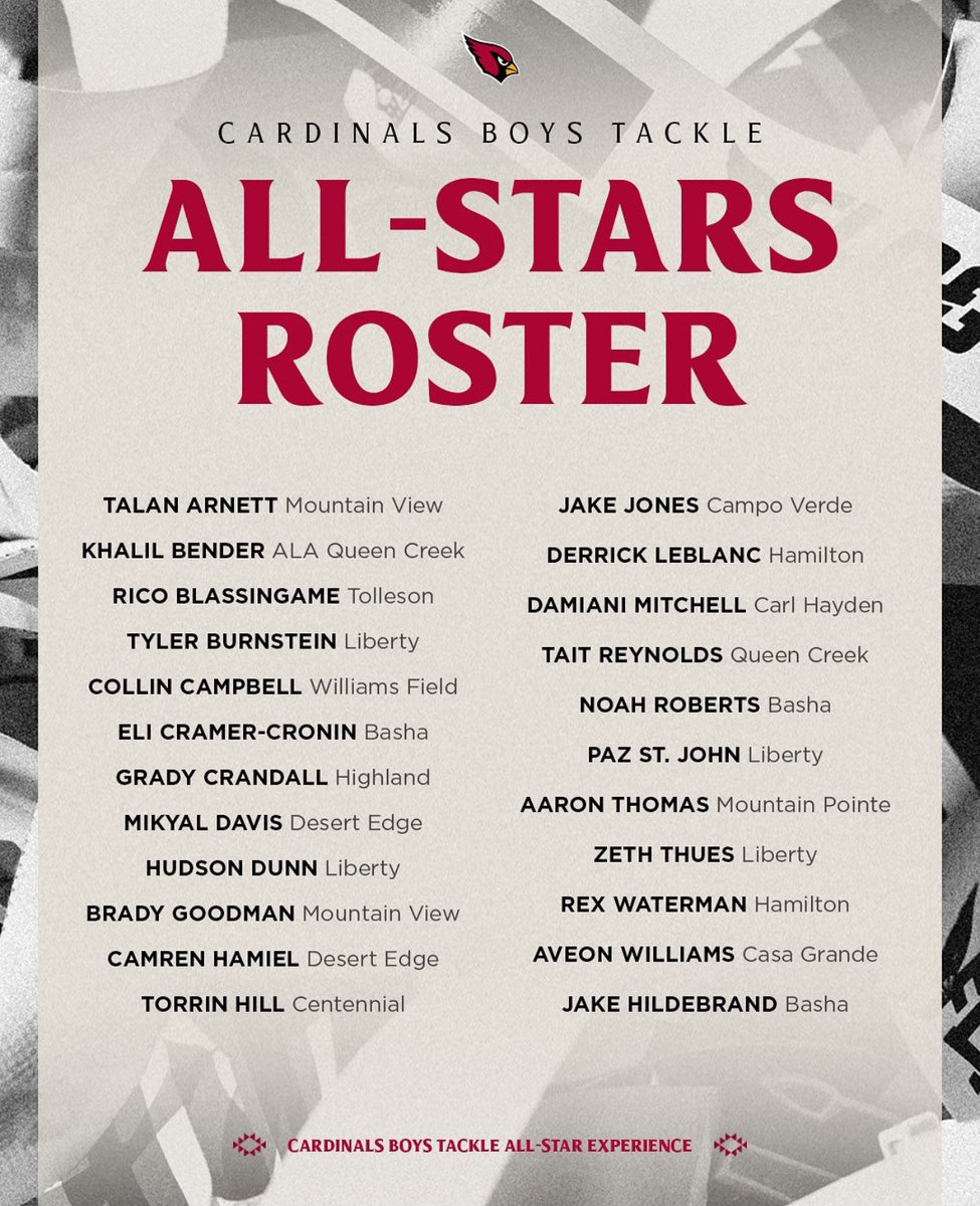 Grateful to be selected as an Az Cardinals All-Star high school athlete along with my <a href="/LibertyFBLions/">Liberty Lions Football</a> teammates. <a href="/Paz_StJohn/">Paz St John ✝️</a> <a href="/hudsondunn1/">Hudson Dunn</a> <a href="/ZethThues26/">Zeth Angel Thues ⭐️⭐️⭐️ #0</a>. <a href="/coachthomasfb/">Colin Thomas</a>  <a href="/AZCardinals/">Arizona Cardinals</a>