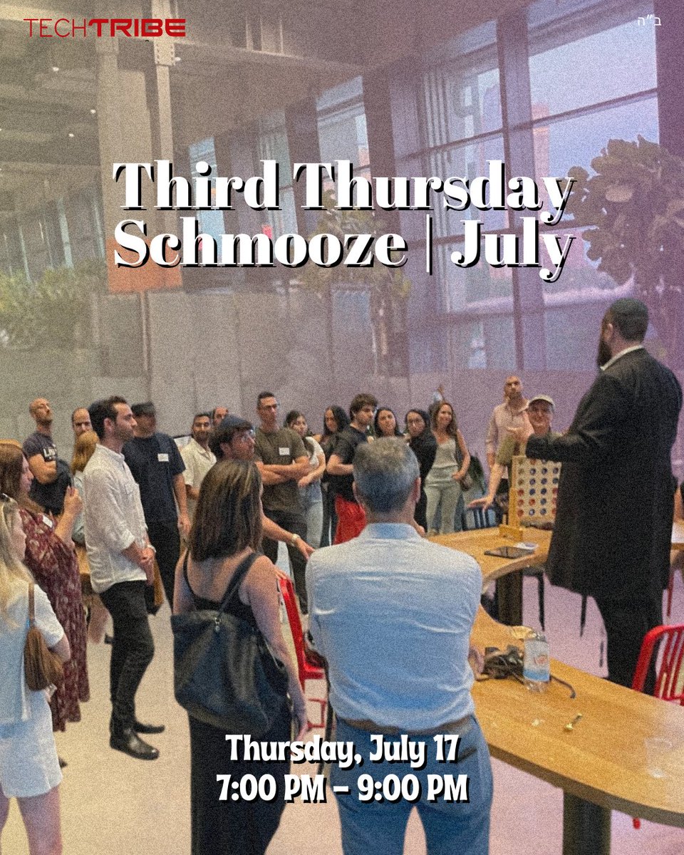 MyTechTribe's tweet image. 🌇 Join us for the Third Thursday Schmooze!
Meet amazing Jews in Tech and digital media. Make new friends and connect with your colleagues.
📆 Thursday, July 17th
📍Venue: Revealed upon RSVP (In The City, New York)
👉 Ticket Info: mytechtribe.org/schmooze