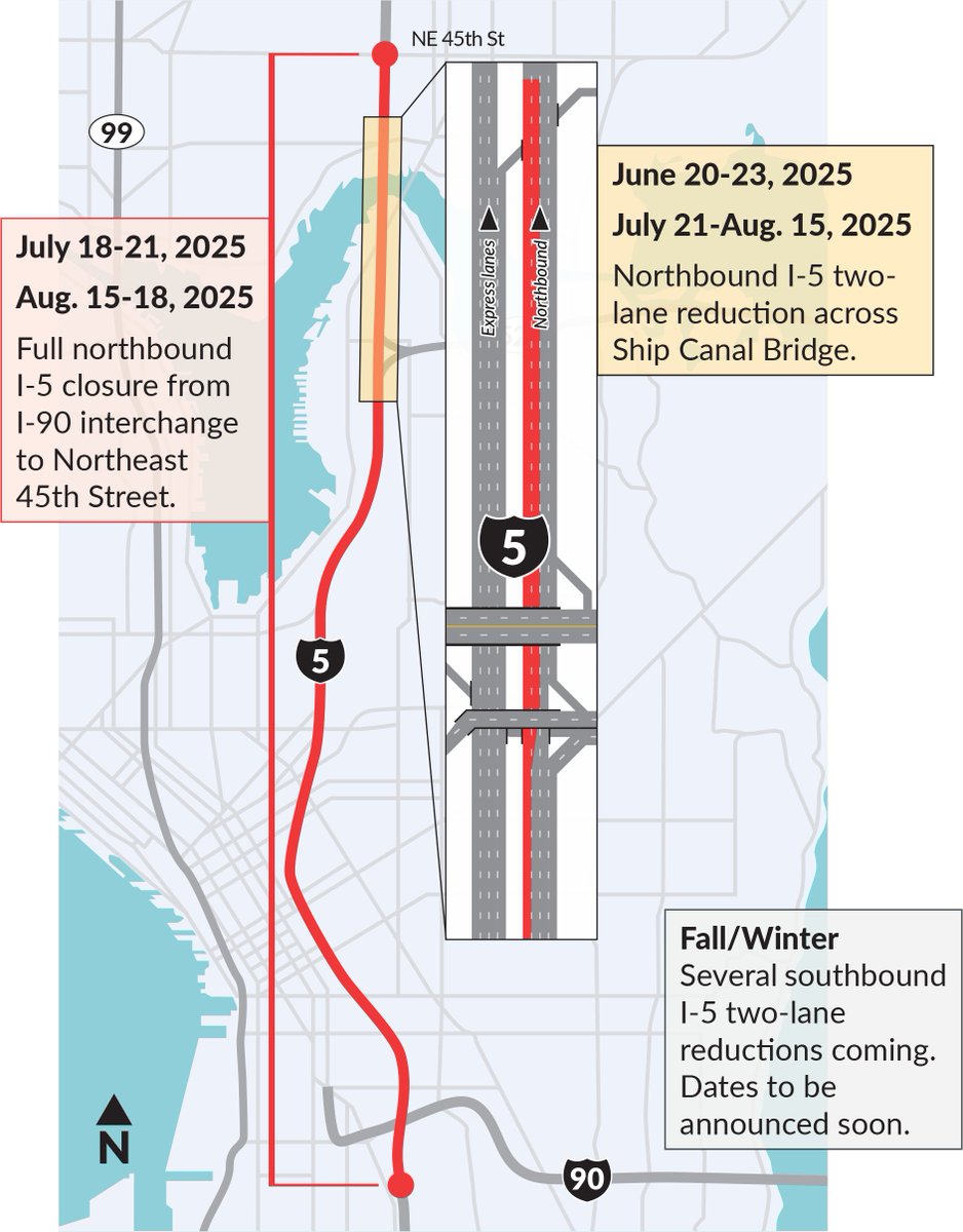 ChooseUrWayBell's tweet image. Weekend Closure: All northbound lanes will be closed I-90 and NE 45th from 10 p.m. Friday, July
18 through 5 a.m. , Monday, July 21. Read more at bit.ly/ConstructionI-5