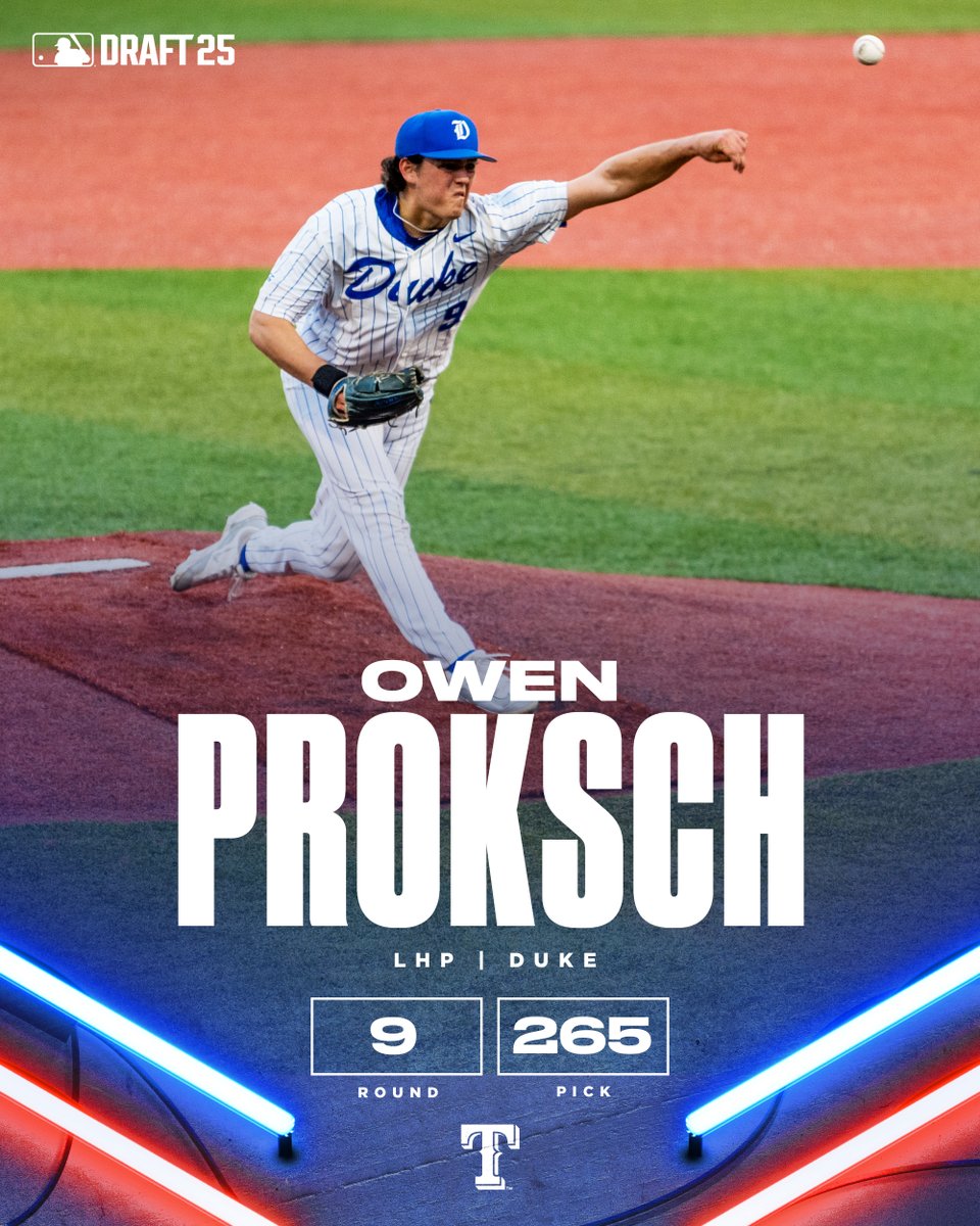 TEXPlayerDev's tweet image. With the 265th pick of the 2025 #MLBDraft, the Texas Rangers select LHP Owen Proksch from @DukeBASE