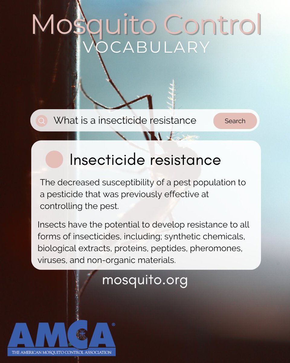 AMCAmosquito's tweet photo. Mosquitoes can develop resistance to insecticides. It's important to conduct integrated mosquito management to use a combination of methods when reducing mosquitoes and not relying on any one thing such as a specific insecticide. #AMCA #insecticideresistance #mosquitocontrol https://t.co/tVa1MjBQO4