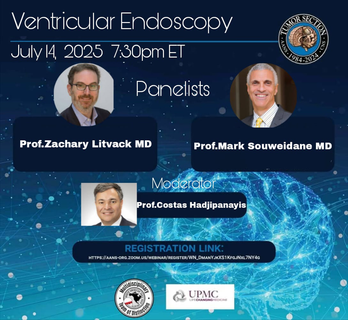 PittNeurosurg's tweet image. Join Zachary Litvack and Mark Souweidane this evening at 7:30p EDT for an @NSTumorSection webinar on Ventricular Endoscopy, moderated by Costas Hadjipanayis. Registration link is aans-org.zoom.us/webinar/regist…