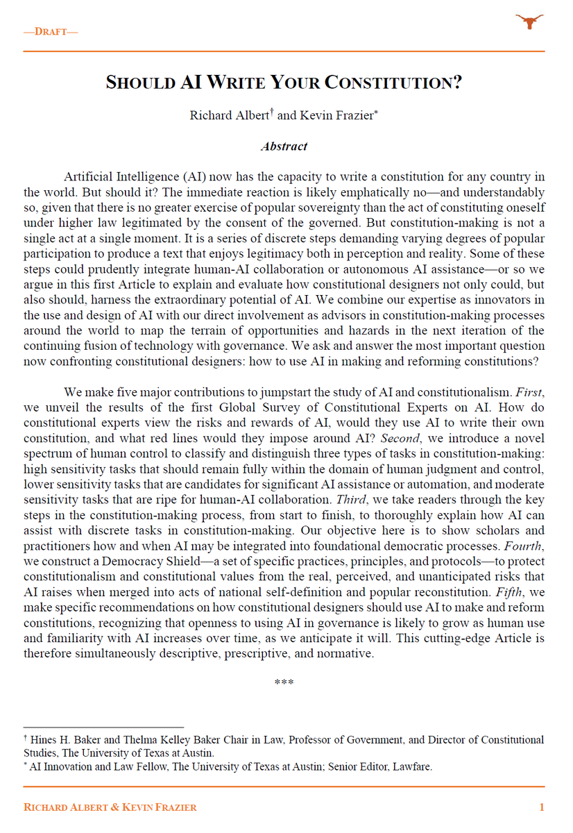 RichardAlbert's tweet image. 📜 Should AI Write Your Constitution?
In my new paper with @KevinTFrazier, we answer YES with specific safeguards for popular sovereignty, sociological legitimacy, and participatory democracy.
Comments welcome!
Full draft: papers.ssrn.com/sol3/papers.cf… @elonmusk @tomginsburg