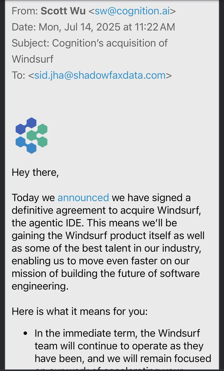 heyjchu's tweet image. Lolwut. Cognition acquires the Windsurf remaining shell.