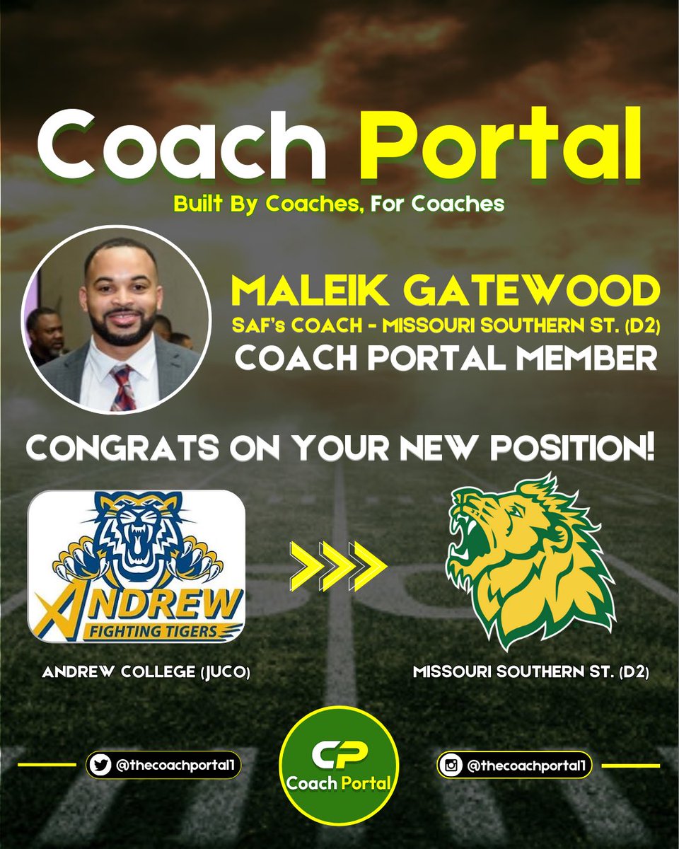 Coach Portal (@thecoachportal1) on Twitter photo 🟢🏈Congrats to Coach Portal Member, MaLeik Gatewood (<a href="/MGatewood33/">MaLeik Gatewood</a>), on his new position as Safeties Coach at Missouri Southern State! It’s been a pleasure getting to know him through this process. We’re excited to see what his future holds! Good luck with your transition! 🟢🏈Congrats to Coach Portal Member, MaLeik Gatewood (<a href="/MGatewood33/">MaLeik Gatewood</a>), on his new position as Safeties Coach at Missouri Southern State! It’s been a pleasure getting to know him through this process. We’re excited to see what his future holds! Good luck with your transition!