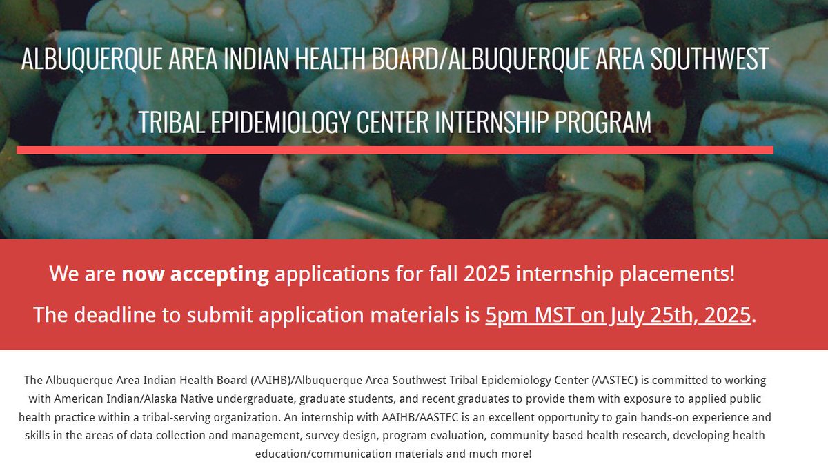 Region6PHTC's tweet image. The Albuquerque Area Southwest Tribal Epidemiology Center (AASTEC) is seeking eligible American Indian/Alaska Native undergrad &amp;amp; grad student applicants for paid internship placements for the Fall 2025 semester.  

For details, please visit sites.google.com/view/aastecint…

#AASTEC #PHTCN