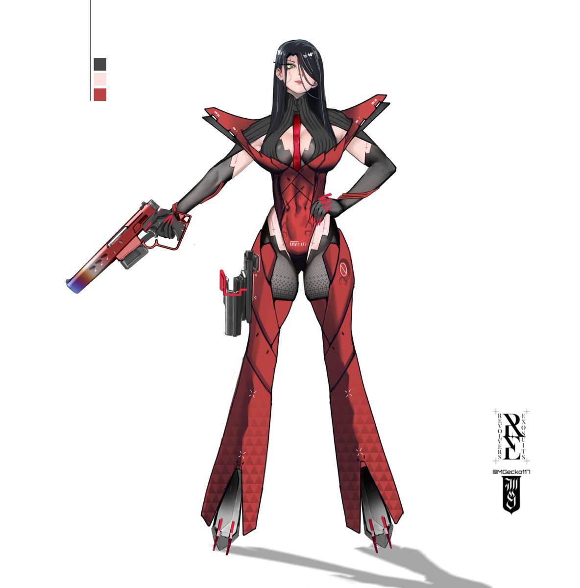MGecko117's tweet image. Updated design for Calamity, a key character in Revolvers & Exosuits, my sci-fi western worldbuilding project. Cybernetically enhanced bounty killers like her are the apex predators of the post-extinction North American frontier