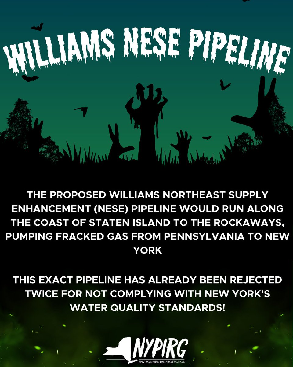 NYPIRG's tweet image. 🧟🪦 Summer of the living dead fossil fuel projects? No, thank you!
Tell the NYS Department of Environmental Conservation to protect NY and reject the Williams NESE fracked gas pipeline! Submit a public comment by emailing DEPEnergy@dec.ny.gov by August 1st.