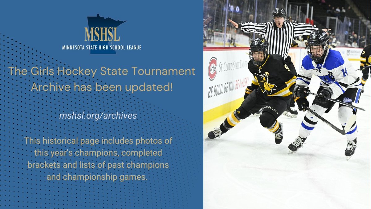 MSHSL's tweet image. Missing the excitement of the Girls Hockey State Tournament? Check out the 2025 Archive page: mshsl.org/archives
Congratulations again to Dodge County and Hill-Murray!
@KM_Activities
@ByronBearsHS
@HMPioneers