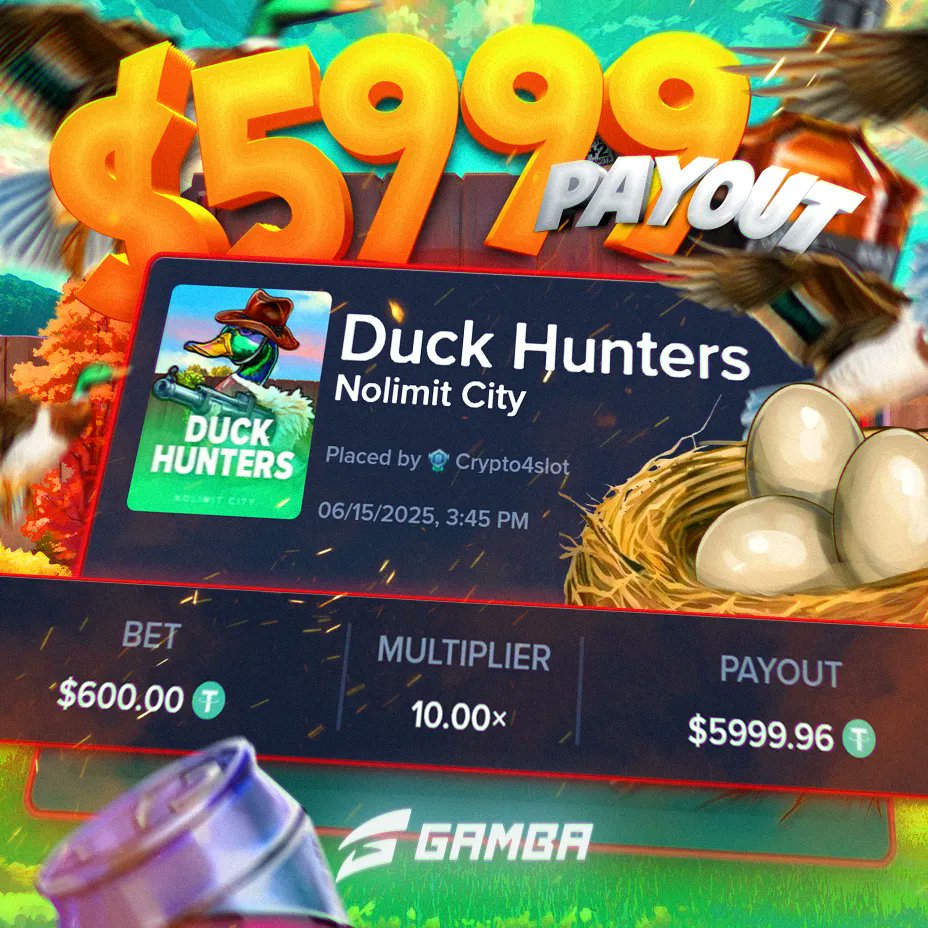 gamba's tweet image. Boooom! Nice $6000 payout on a Duck Hunters bonus buy. 🦆
Have you tried Duck Hunters yet? Like + comment Gamba usernames and you might get a shot. 🎯