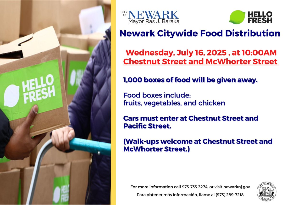 CityofNewarkNJ's tweet image. Newark Citywide Food Distribution Wed, Jul 16 @ 10AM
📍 At Chestnut St & McWhorter St
🍎 1,000 FREE boxes fresh fruits, veggies, and chicken!
🚗 Cars: Enter at Chestnut St & Pacific St
🚶♀️ Walk-ups: To Chestnut St & McWhorter St
Questions? Call 973-733-3274