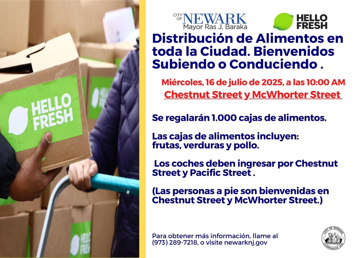 CityofNewarkNJ's tweet image. Newark Citywide Food Distribution Wed, Jul 16 @ 10AM
📍 At Chestnut St & McWhorter St
🍎 1,000 FREE boxes fresh fruits, veggies, and chicken!
🚗 Cars: Enter at Chestnut St & Pacific St
🚶♀️ Walk-ups: To Chestnut St & McWhorter St
Questions? Call 973-733-3274