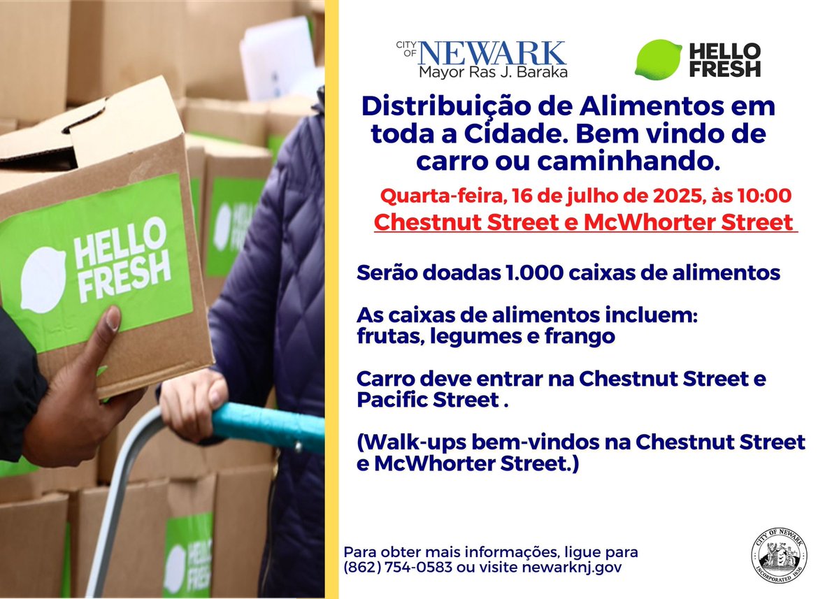 CityofNewarkNJ's tweet image. Newark Citywide Food Distribution Wed, Jul 16 @ 10AM
📍 At Chestnut St & McWhorter St
🍎 1,000 FREE boxes fresh fruits, veggies, and chicken!
🚗 Cars: Enter at Chestnut St & Pacific St
🚶♀️ Walk-ups: To Chestnut St & McWhorter St
Questions? Call 973-733-3274