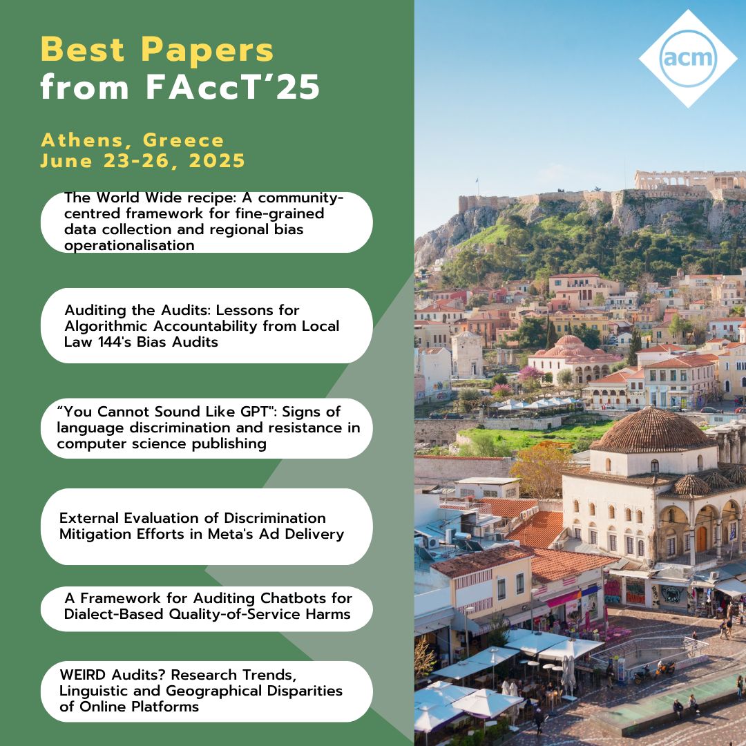 ACMDL's tweet image. Congratulations to all the incredible minds recognized at #FAccT25 for their outstanding research! Keep pushing boundaries and shaping the future of technology! Check out the Best Papers here: acm.org/conferences/be…