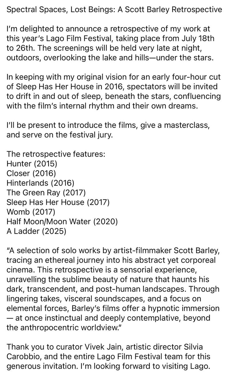 ScottBarleyFilm's tweet image. Spectral Spaces, Lost Beings: A Scott Barley Retrospective
I’m delighted to announce a retrospective of my work at this year’s Lago Film Festival, July 18th to 26th. The screenings will be held late at night, outdoors, overlooking the lake and hills — under a blanket of stars.