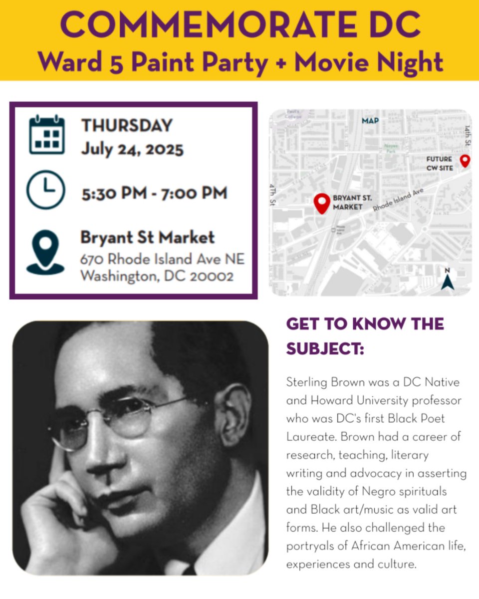 OPinDC's tweet image. We have exciting events coming up for Commemorate DC. OP and our artists need your help designing new memorials for Wards 5 & 8.
🎨7/24 from 5:30-7pm at Bryant St Market in Edgewood NE
🍹8/1 from 4-7pm at Sycamore & Oak in Congress Heights SE
Details at rb.gy/qjwevp