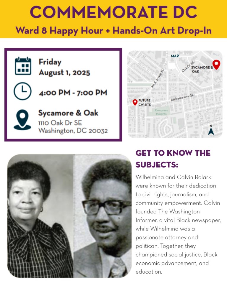 OPinDC's tweet image. We have exciting events coming up for Commemorate DC. OP and our artists need your help designing new memorials for Wards 5 & 8.
🎨7/24 from 5:30-7pm at Bryant St Market in Edgewood NE
🍹8/1 from 4-7pm at Sycamore & Oak in Congress Heights SE
Details at rb.gy/qjwevp