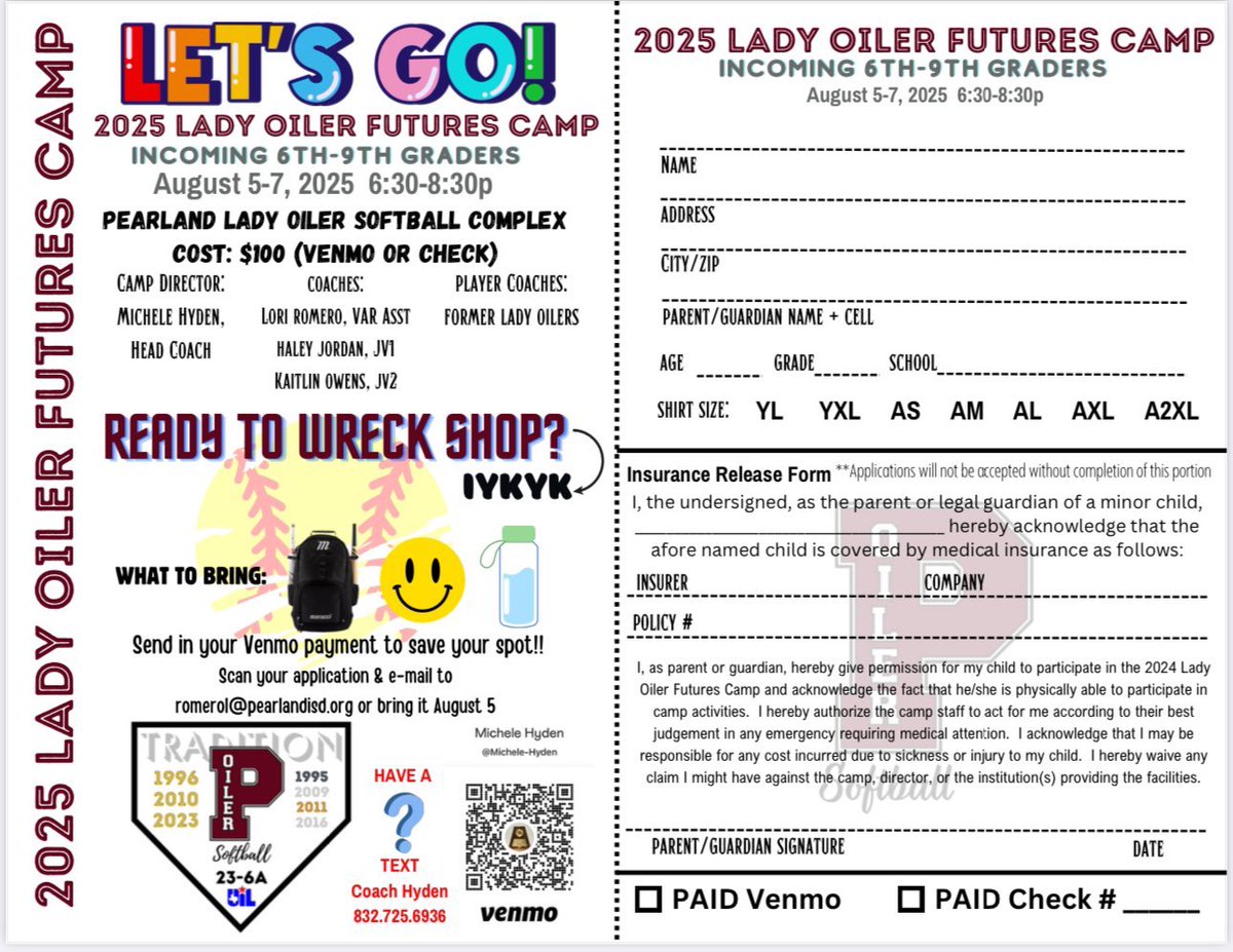 🚨 Attention incoming 6th-9th graders!!!  We are just 3 weeks away from camp! Join the PHS coaching staff &amp; alumni for 3 nights of softball fun!!  Flyer is attached &amp; walk-ups welcome! 🚨 🥎