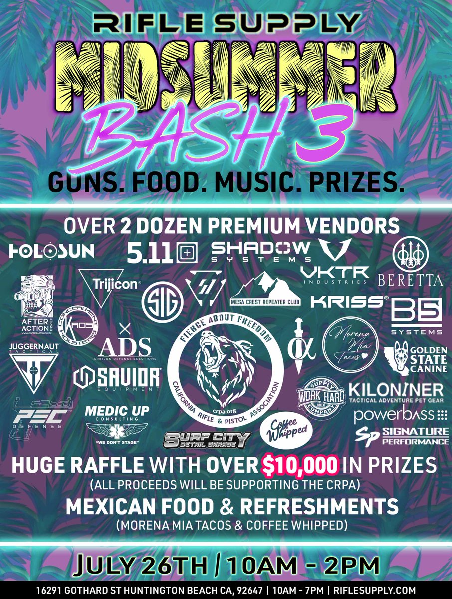 CRPAnews's tweet image. Join us July 26th from 10 am - 2 pm @ Rifle Supply in Huntington Beach for Midsummer Bash 3! Great food, lots of fun, and the BEST RAFFLE EVER to support CRPA!
@beretta_usa
@holosunoptics
@krissusa
@saviorequipment
@sigsauerinc
@trijicon