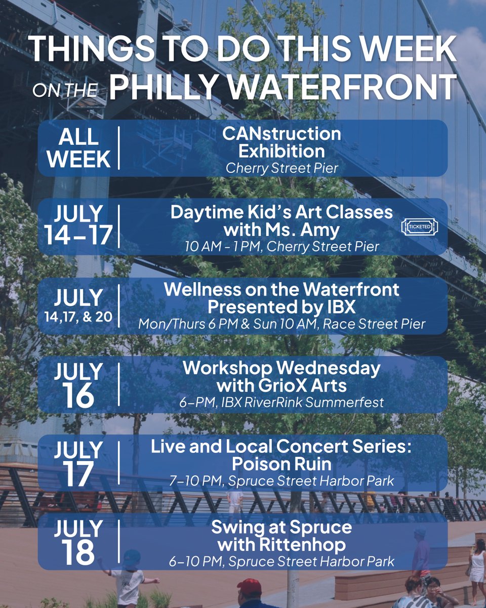 DelRiverWfront's tweet image. There’s so much to do on the Philly Waterfront this week—Wellness on the Waterfront presented by @IBX with @threequeensyoga, art classes, DJs, El Mercado Cultural, Cosmic Rhythms, and more. Make Summer Yours at DelawareRiverWaterfront.com.
 
#MyPhillyWaterfront #MakeSummerYours