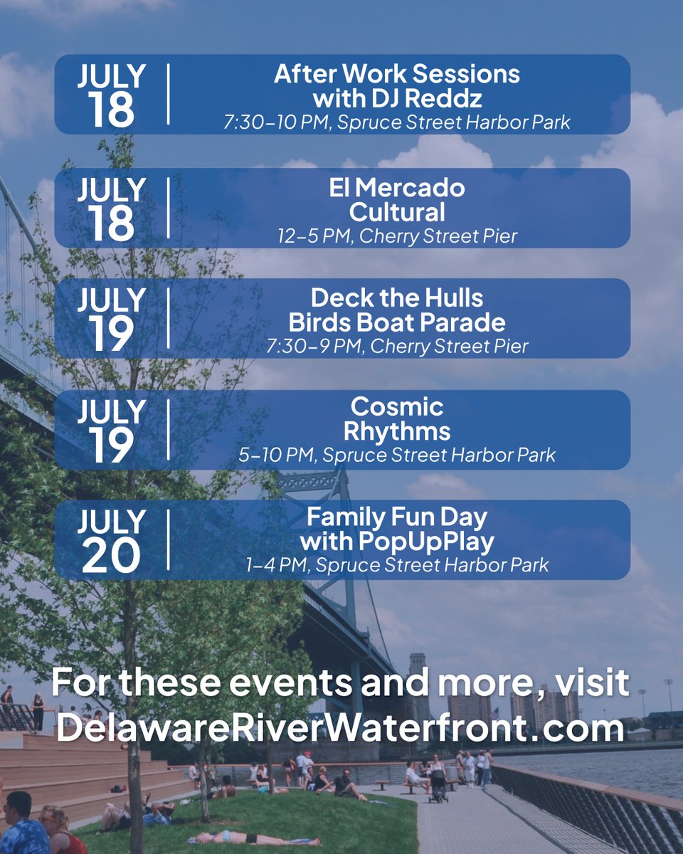 DelRiverWfront's tweet image. There’s so much to do on the Philly Waterfront this week—Wellness on the Waterfront presented by @IBX with @threequeensyoga, art classes, DJs, El Mercado Cultural, Cosmic Rhythms, and more. Make Summer Yours at DelawareRiverWaterfront.com.
 
#MyPhillyWaterfront #MakeSummerYours
