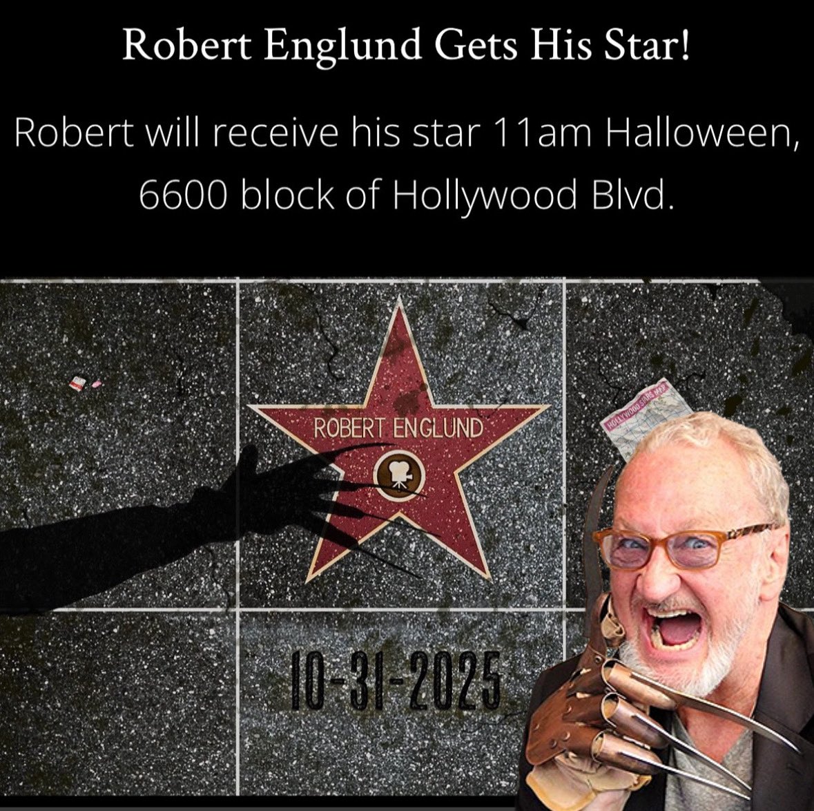 Diandra Krueger //// (@sassysledgehmmr) on Twitter photo The date is set! Just posted by <a href="/RobertBEnglund/">Robert B. Englund</a> on his Instagram. He’s getting his Hollywood star on Halloween! The date is set! Just posted by <a href="/RobertBEnglund/">Robert B. Englund</a> on his Instagram. He’s getting his Hollywood star on Halloween!