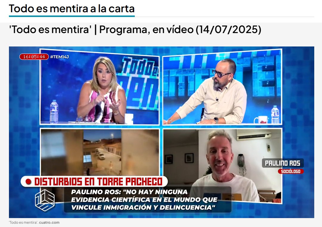 Paulino Ros (@paulinoross) on Twitter photo Aquí mi intervención esta tarde en <a href="/cuatro/">Cuatro</a> <a href="/todoesmentiratv/">Todo Es Mentira</a> Encantado de compartir con <a href="/anadebande/">Ana Vázquez Blanco</a> <a href="/susanadiaz/">Susana Díaz Pacheco</a> que muestran un tono moderado, ojalá todo el debate político fuera así. Gracias <a href="/ristomejide/">Risto Mejide</a>
📺cuatro.com/television/a-l… Aquí mi intervención esta tarde en <a href="/cuatro/">Cuatro</a> <a href="/todoesmentiratv/">Todo Es Mentira</a> Encantado de compartir con <a href="/anadebande/">Ana Vázquez Blanco</a> <a href="/susanadiaz/">Susana Díaz Pacheco</a> que muestran un tono moderado, ojalá todo el debate político fuera así. Gracias <a href="/ristomejide/">Risto Mejide</a>
📺cuatro.com/television/a-l…