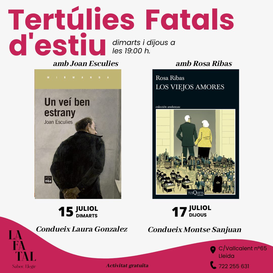 LaFatal_'s tweet image. Aquesta setmana dos convidats de luxe a les #TertúliesFatals:
🔹 dimarts: #JoanEsculies
🔹 dijous: #RosaRibas
Podreu parlar amb tots dos de les seves novel·les i de les seves estratègies creatives.
Veniu!